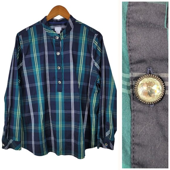 Chico's Tops - Chicos Plaid Pullover Top Size 3 XL Shirt Casual Gemstone Buttons Green Blue